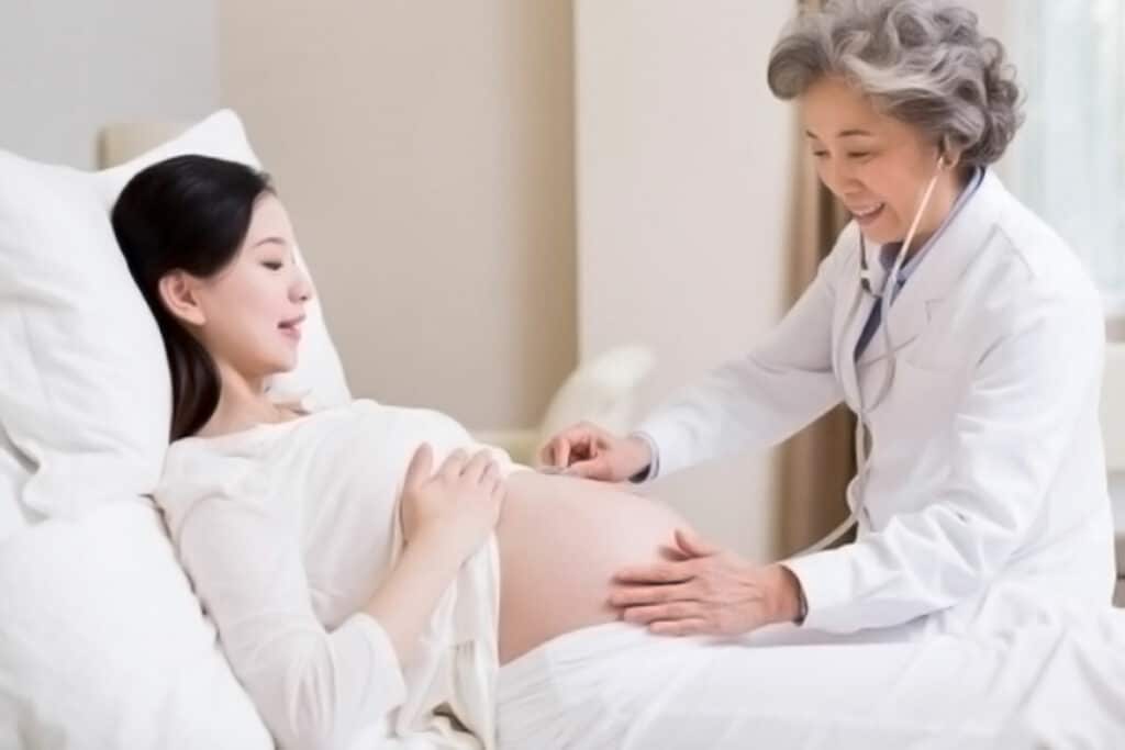 أم حامل تُفحَص من قِبل طبيب في بايكه